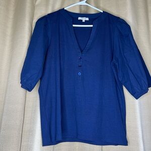 Madewell women’s 3-quarter puffy elastic hem sleeves blue top Sz XL V -Neck